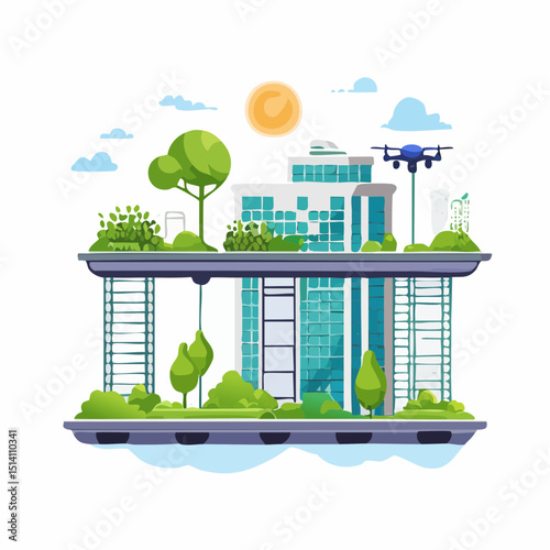 Smart urban farming system on city rooftops and vertical walls.