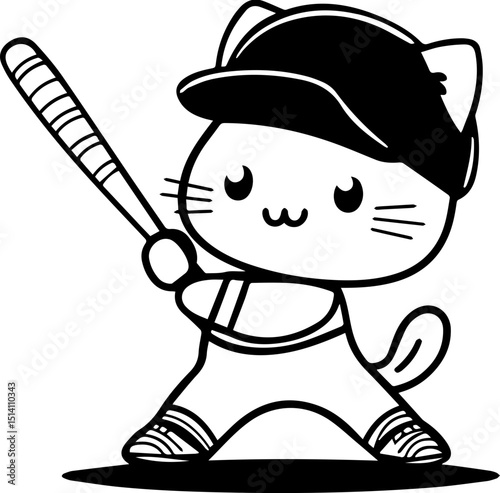 Cute Baseball Cat: A delightful illustration of a charming kitten, fully attired in baseball gear, ready to swing with playful spirit. 