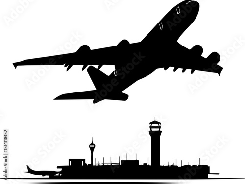 Air Travel Dynamics: Capturing the essence of air travel, with a powerful silhouette of an airliner soaring above an airport. It speaks of journeys, destinations.
