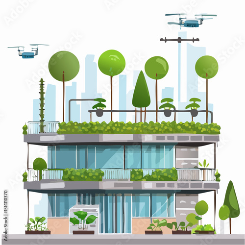 Smart urban farming system on city rooftops and vertical walls.