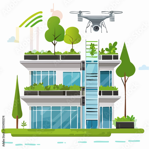 Smart urban farming system on city rooftops and vertical walls.
