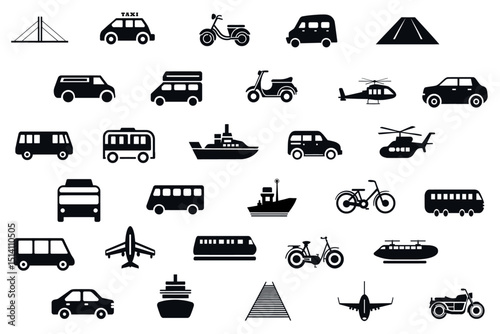 Transportation, transport and vehicles icon set. Vector illustration of travel, logistics, public transit concepts, car, train, bus, bicycle, boat, and airplane. Glyph pictograms black silhouette.
