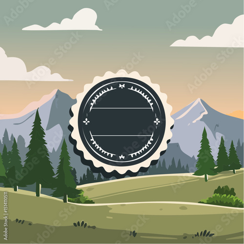 Flat Style Mountain Landscape Badge Design with Pine Tree Illustration