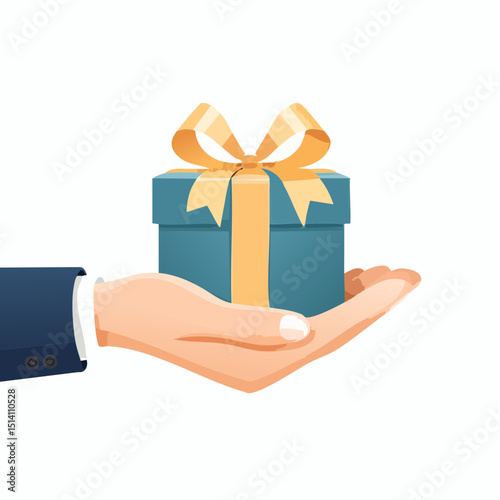 Flat Illustration Hand Holding Elegant Wrapped Gift Box with Ribbon Bow