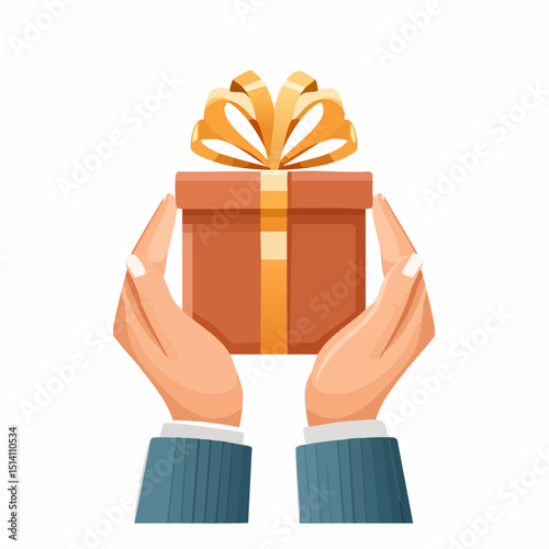 Flat Illustration of Hand Holding a Gift Box with Ribbon