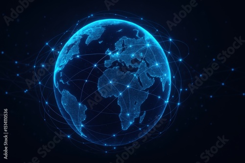Wallpaper Mural Striking visualization of a luminous blue digital Earth globe with intricate glowing lines representing interconnected global data networks and communication pathways against a dark background. Torontodigital.ca