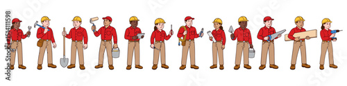 Hand-drawn set of male and female multiethnic construction workers with helmets and tools. Workers in different poses with various equipment. Clean line art vector illustration isolated on white 