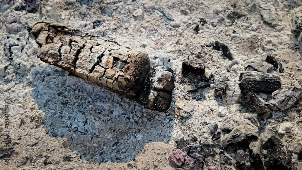 video of a charred log that is still smoking after a campfire isolated in a fire pit with ashes. fire safety and precautions footage with sound.