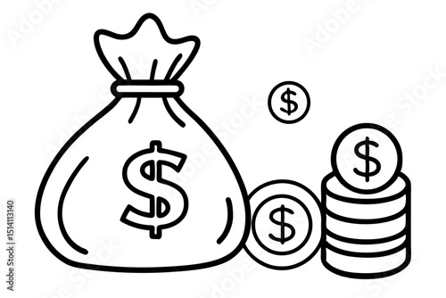 Money bag and stack of coins financial success illustration
