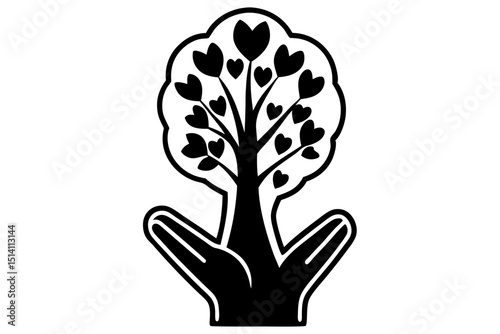 Loving hands protecting heart shaped leaved tree