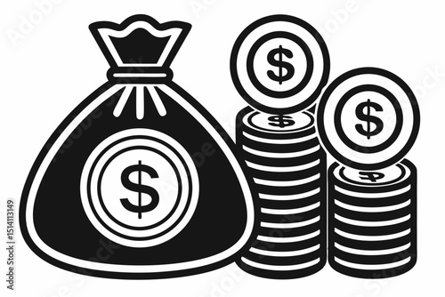Money bag and stacks of coins financial success wealth