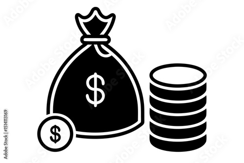 Money bag and stack of coins financial wealth icon