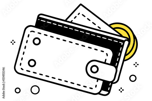 Stylish wallet with cash and coins illustration