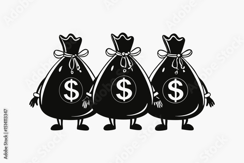 Three cartoon money bags standing together wealth finance