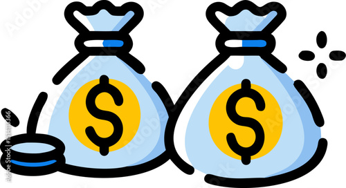 Two money bags filled with dollar signs and coins