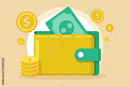 Yellow wallet filled with money cash coins savings finance