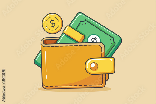 Yellow wallet with cash and coin saving money finance