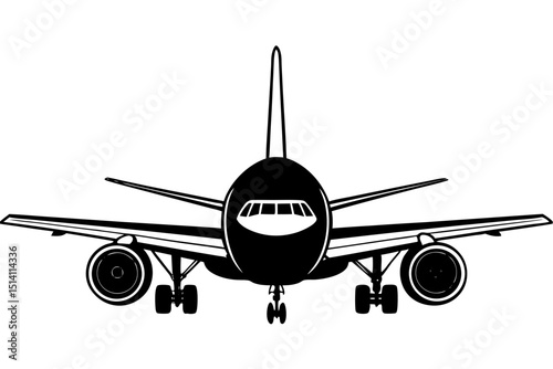 Airplane front view black and white silhouette illustration