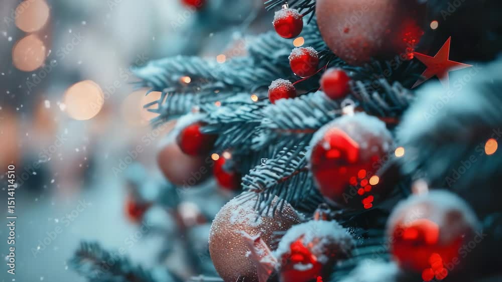 A festive scene of holiday ornaments and snow, evokes feelings of warmth and joy during the most wonderful time of the year! Perfect for seasonal wishes.