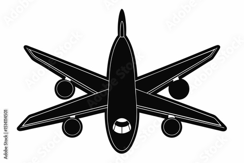 Airplane top view silhouette black and white graphic