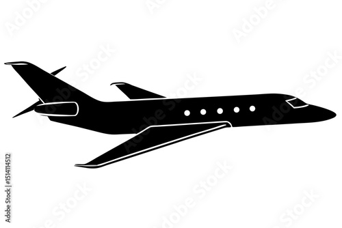 Black silhouette of a private jet airplane in flight