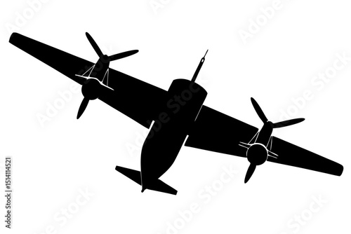 Black silhouette twin propeller airplane top view