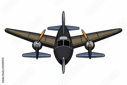 Vintage twin propeller airplane top view cartoon illustration