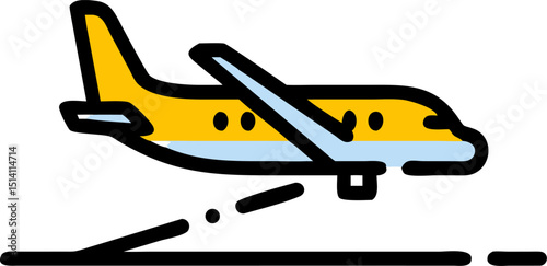 Yellow airplane landing on runway cartoon illustration