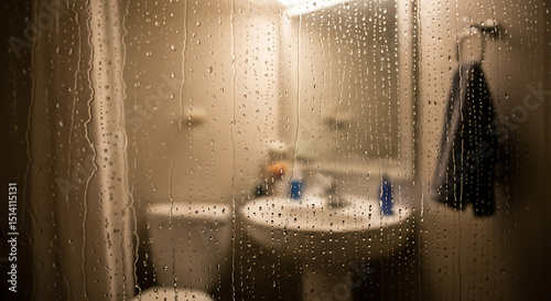 In a bathroom, condensation covers the mirror while drops of water trickle down. A white toilet and sink are visible, along with a towel hanging nearby, suggesting recent use.
