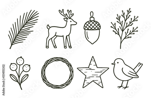 Nature inspired christmas outline icons set – festive, holiday and wintertime graphics