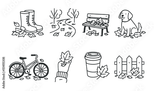 Autumn walk silhouette icons set – outline, fall and seasonal activity symbols