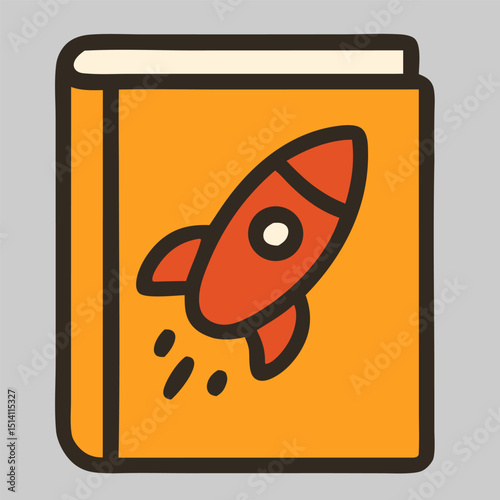 Book icon vector with rocket symbol on cover, great for science, space, innovation, technology, exploration, futuristic learning, or kids’ adventure themes.
