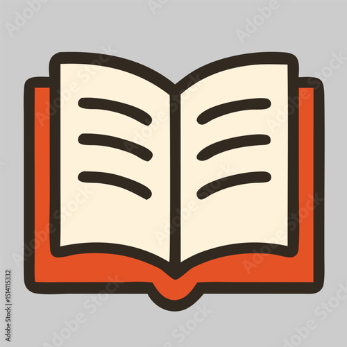 Book icon vector of open textbook with detailed pages, perfect for education, reading, literature, library, or e-learning content and apps.