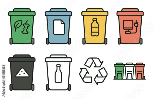 Recycling and waste management icons set – outline, eco-friendly and sustainable symbols