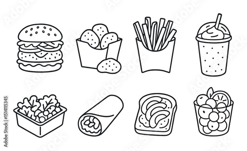 Vegan fast food icons set – silhouette, plant-based, quick meal symbols