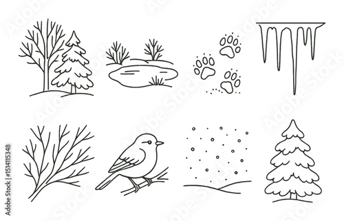 Winter forest outline icons set – nature, cold weather, and wildlife symbols