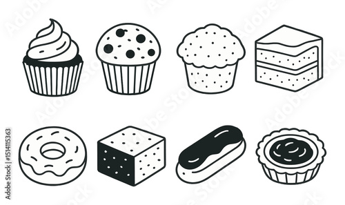 Sweet baked goods silhouette icons set – outline, pastry and dessert symbols