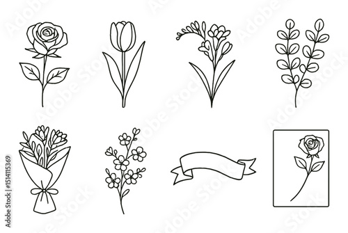 Elegant floral outline icons set – simple, botanical, and nature-themed symbols