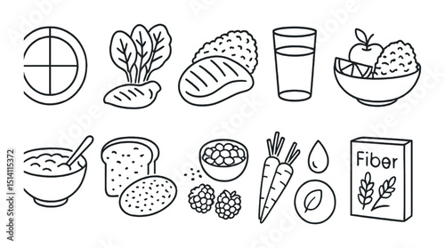 Balanced diet outline icons set – health, fiber and nutrition symbols