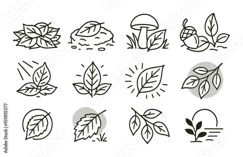 Forest floor outline icons set – nature, leaf and botanical style symbols