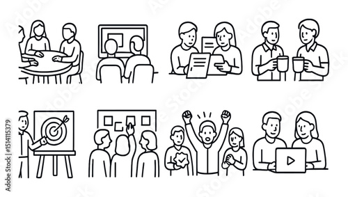 Office collaboration outline icons set – teamwork, communication, business symbols