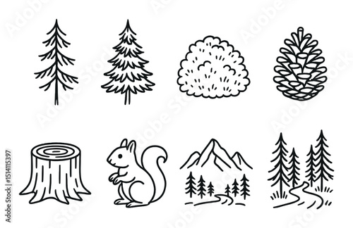 Coniferous forest outline icons set – silhouette, nature and woodland symbols