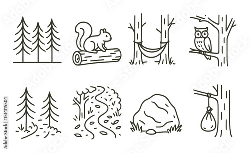 Forest and camping silhouette icons set – outline, nature and outdoor adventure symbols