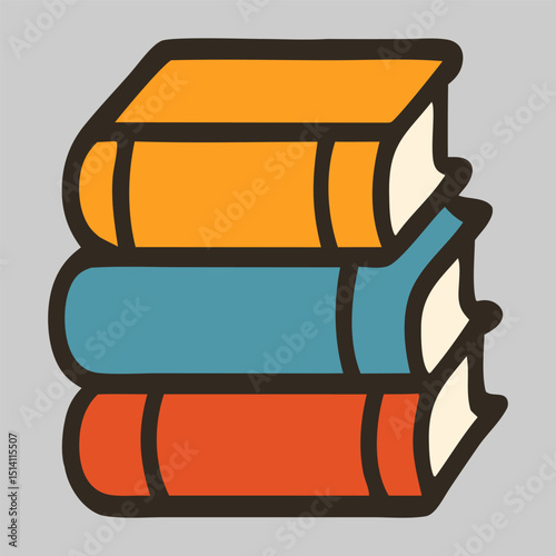 Book icon vector showing three classic hardcover books in stack, ideal for library apps, study visuals, book collection, and vintage reading themes.