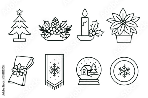 Christmas tabletop decor icons set – outline, holiday, festive design symbols