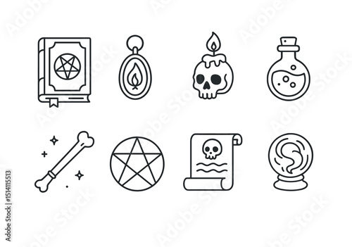 Magic and love icons set – outline, mystical and romantic symbol collection