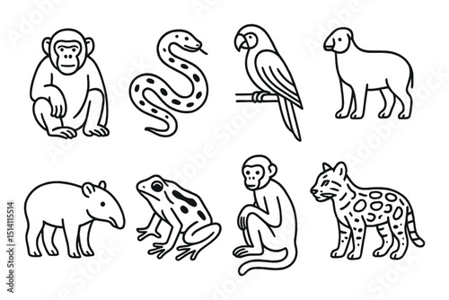 Jungle animals silhouette icons set – outline, wildlife and nature symbols collection