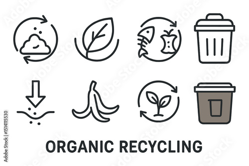 Recycling and waste management outline icons set – compost, eco-friendly symbols