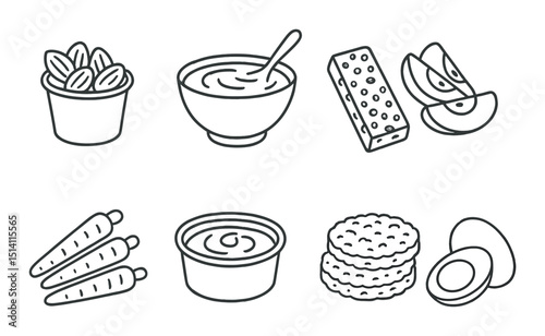 Healthy snack outline icons set – silhouette, food and nutrition symbols