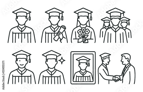Education and graduation outline icons set – linear, academic and school symbols